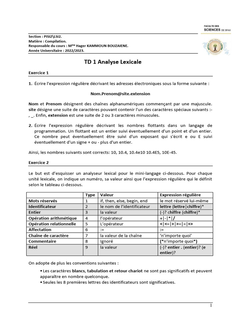 TD1 Comp AnalyseLexicale | PDF | Programmation informatique | Grammaire