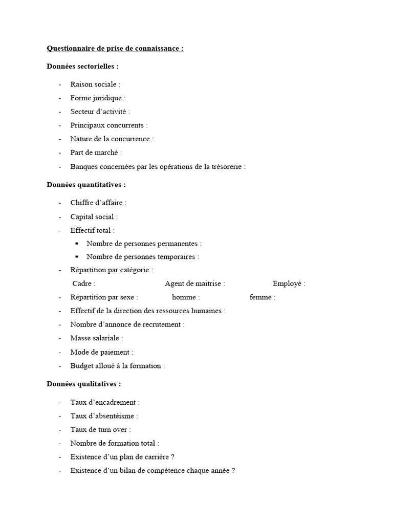 Questionnaire de prise de connaissance RH | PDF | Recrutement | Gestion ...