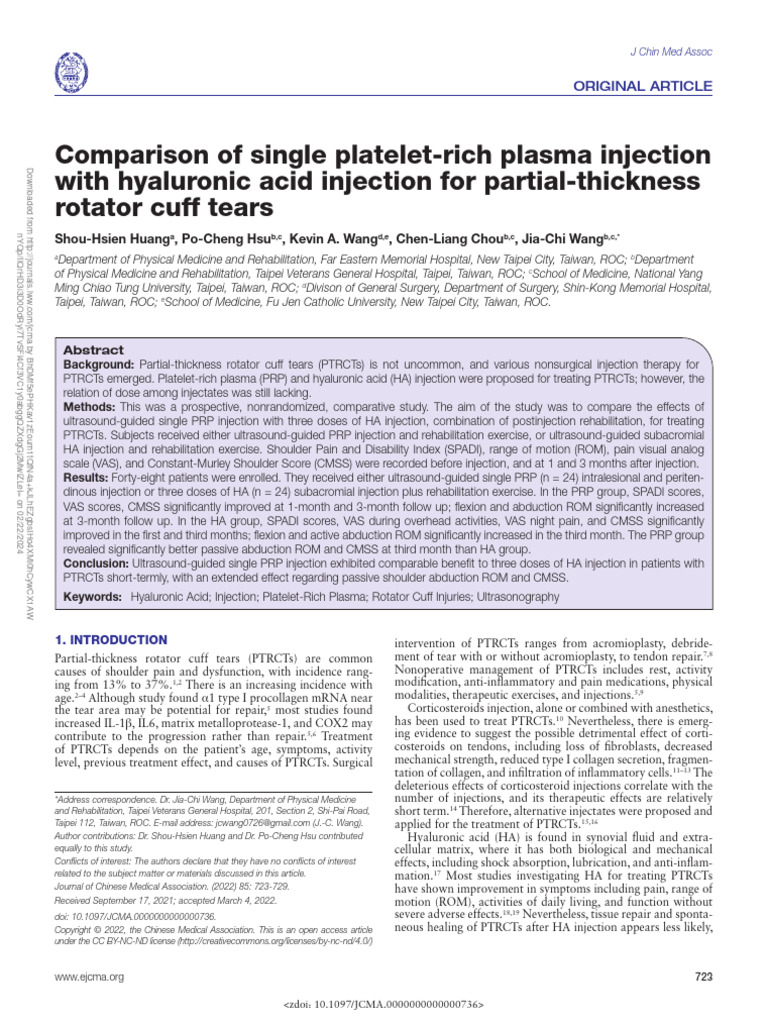 PRP vs. HA Injections for Rotator Cuff Tears | PDF | Shoulder ...