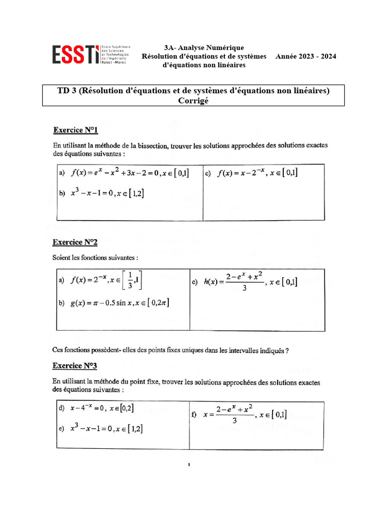 Corrigé TD 3 : Équations Non Linéaires | PDF