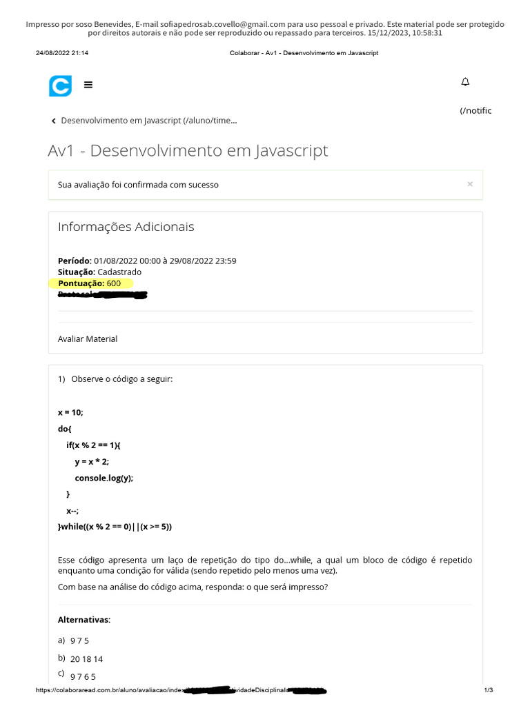 Avaliação de Desenvolvimento em JavaScript | PDF | Script Java ...