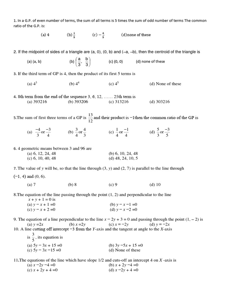 11 MCQ GP Limits and Striaght Line | PDF | Perpendicular | Cartesian ...