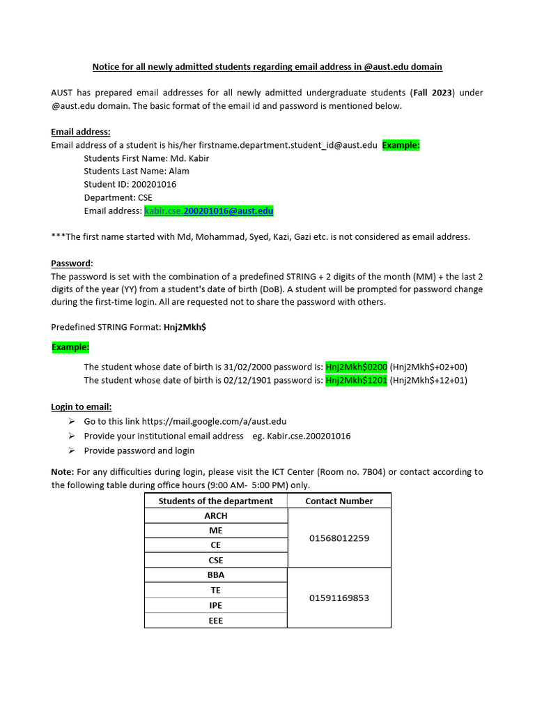 AUST Email Setup for New Students | PDF