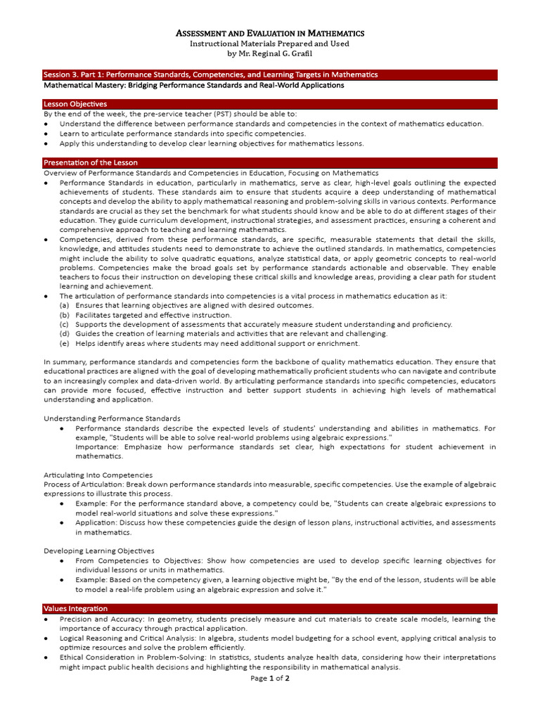 Math Performance Standards & Competencies | PDF | Mathematics ...