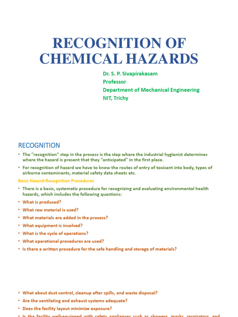 Recognition Of Chemical Hazards Pdf Occupational Safety And Health