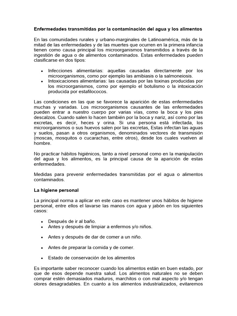 Enfermedades por agua y alimentos contaminados | PDF | Contaminación ...