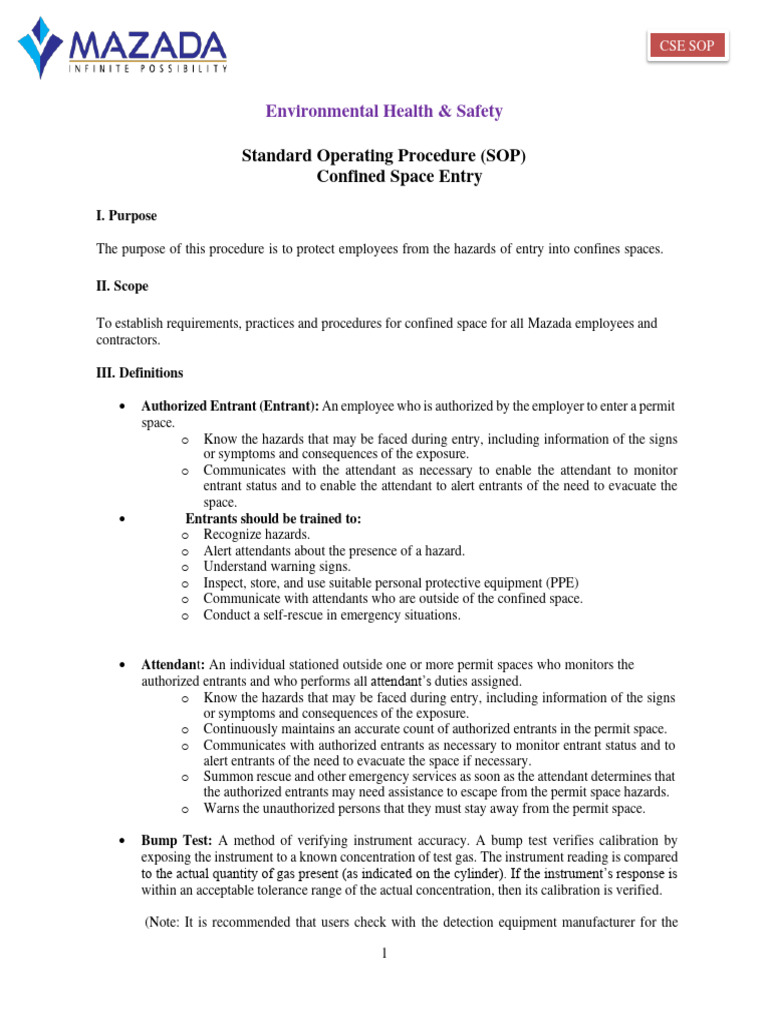 Confined Space Entry SOP PDF Calibration Ventilation (Architecture)