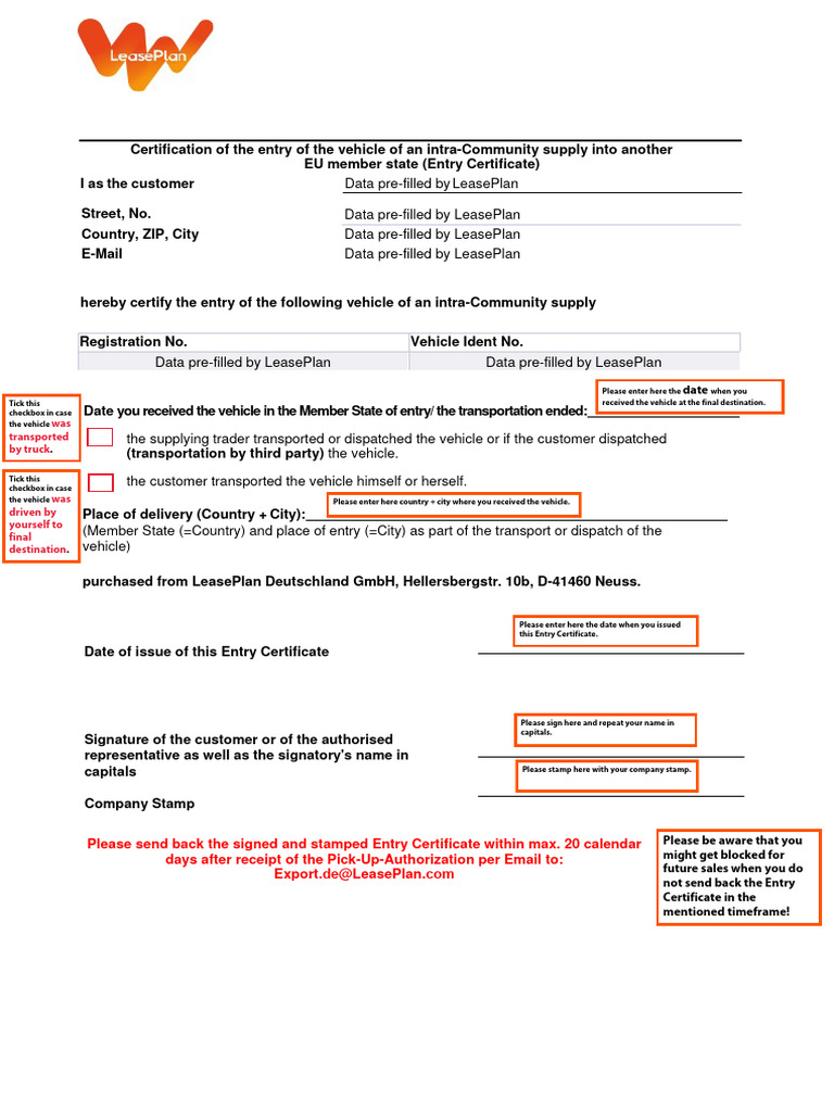 Sample Entry Certificate En 201805 Pdf Transport Vehicles