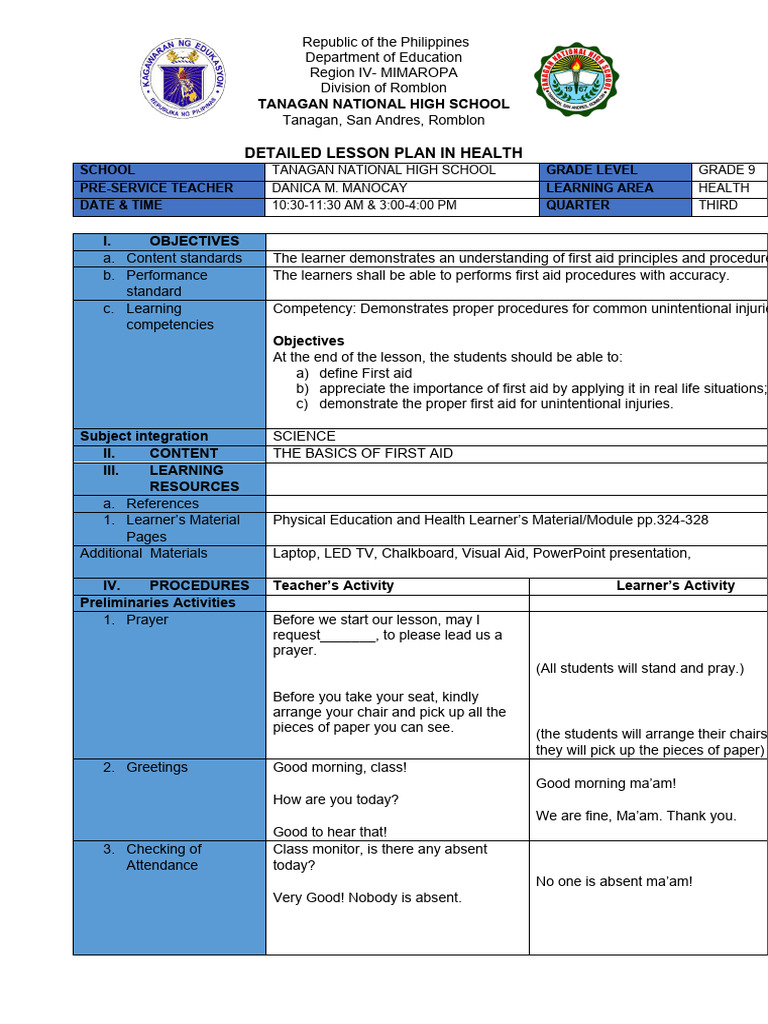 First Aid Lesson Plan for Grade 9 | PDF | First Aid | Learning