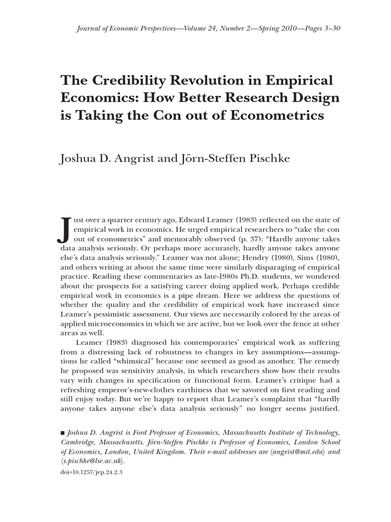 Angrist Pischke 2010 The Credibility Revolution in Empirical Economics ...