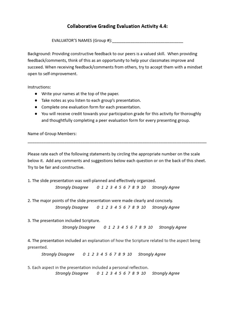 Peer Evaluation for Group Presentations | PDF | Cognition ...