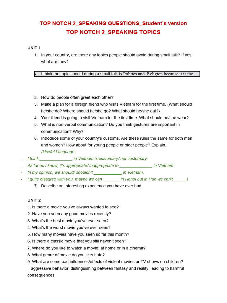 TOP NOTCH 2 - SPEAKING QUESTIONS - Student's Version | PDF ...