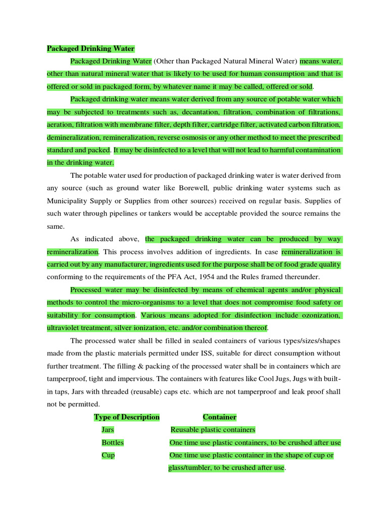 Packaged Drinking Water Pdf Water Purification Drinking Water