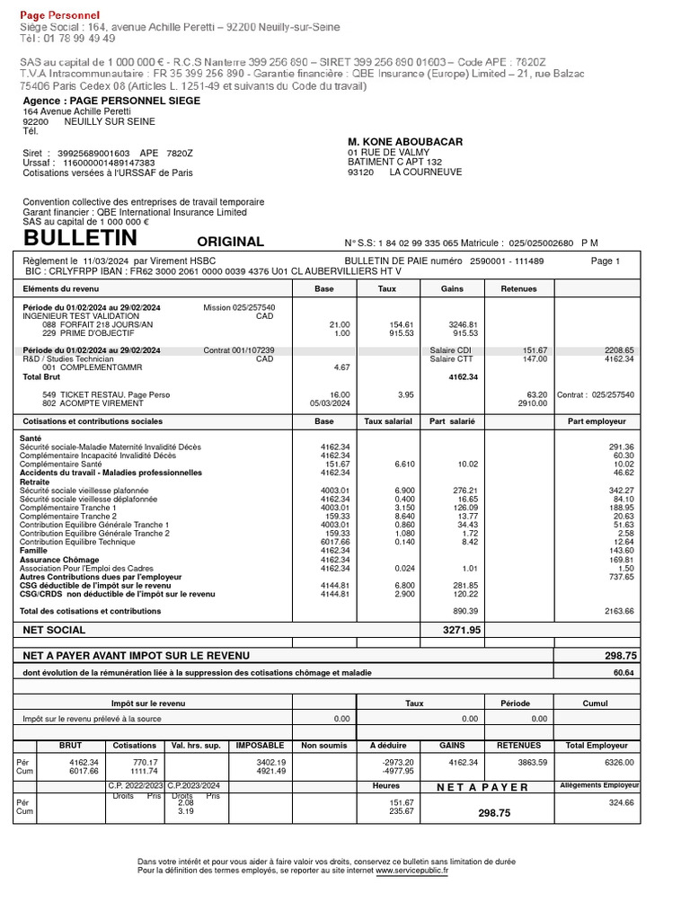 Bulletin de paie 2024 détaillé | PDF | Impôt sur le revenu | Salaires