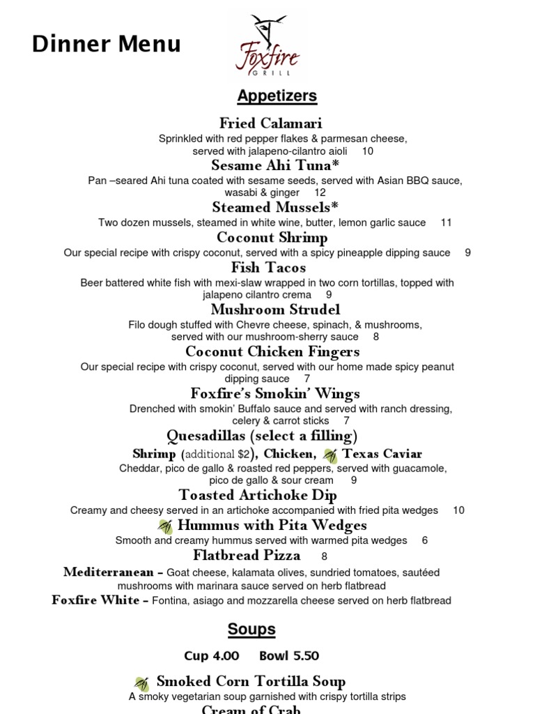 foxfire grill Dinner Menu Salad Western Cuisine