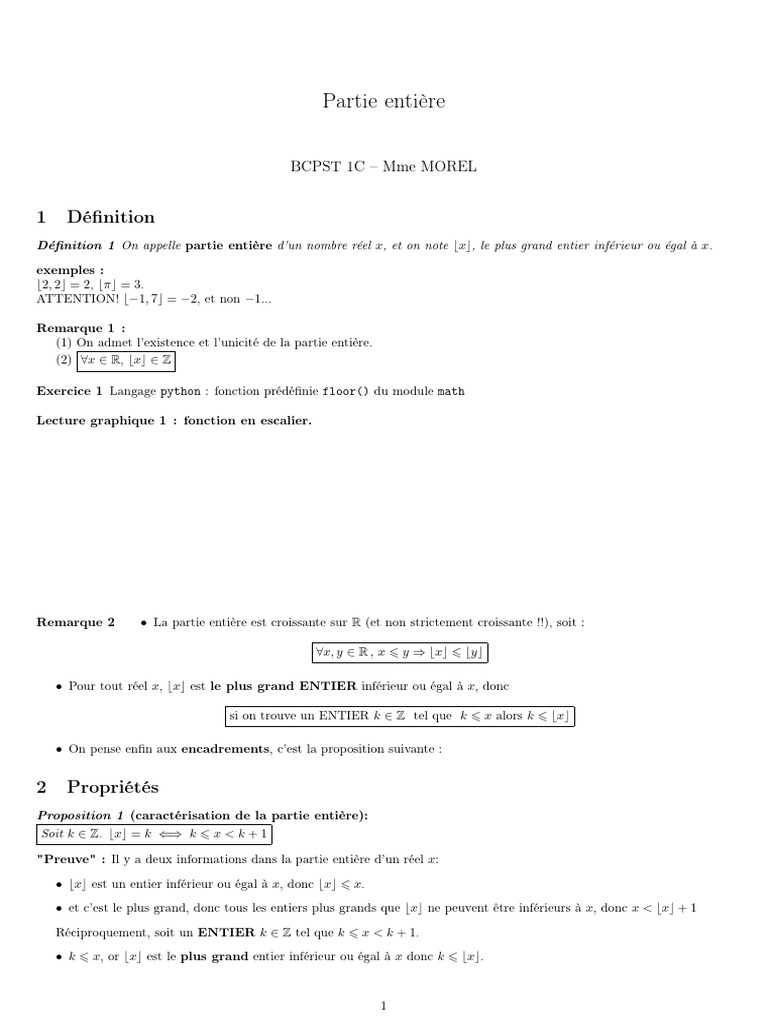 Définition et propriétés de la partie entière PDF — free download