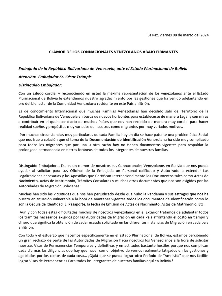 CARTA AL EMBAJADOR DE VENEZUELA César Trómpiz | PDF | Documento de