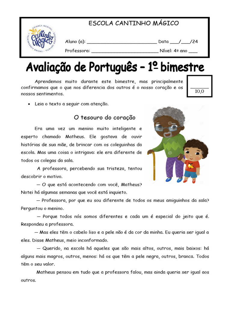Avaliação de Português - 1º Bimestre 4° Ano | Download grátis PDF ...