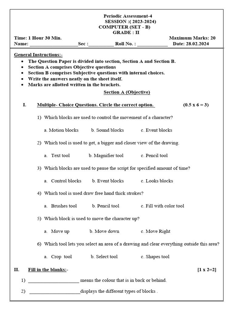 Class 2 Computer Sample Paper | PDF | Drawing