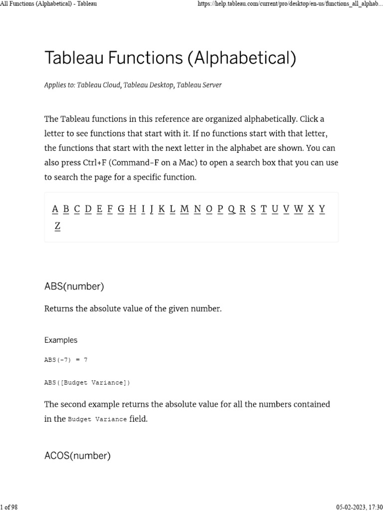 List of All Tableau Functions | PDF | Computer Programming
