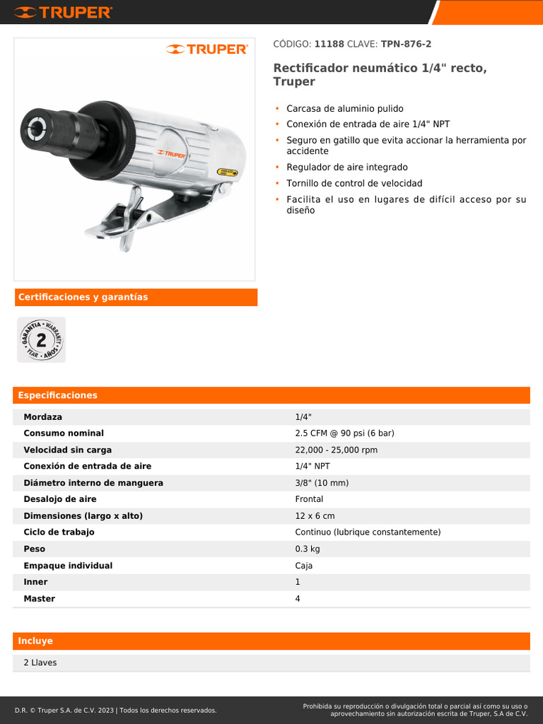 Rectificador Neumático Truper 11188 | PDF | Vehículo de motor | Vehículos