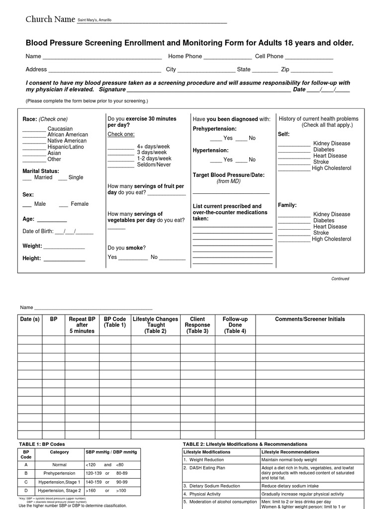 Blood Pressure Screening Enrollment Form | PDF | Hypertension | Blood ...