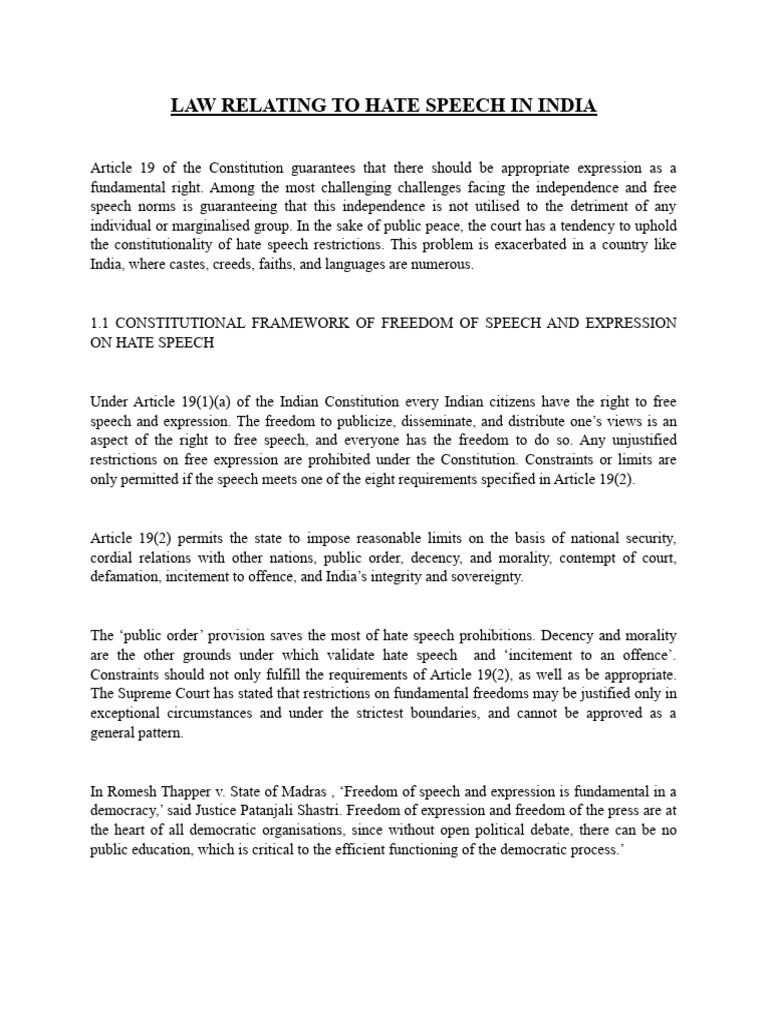 Law Relating To Hate Speech in India | PDF | Freedom Of Speech | Common Law