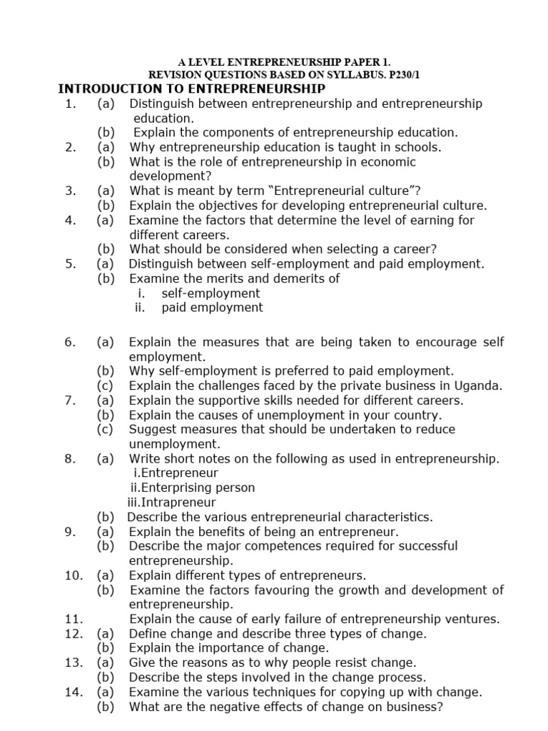 A level entrepreneurship revision questions based on syllabus phase 2