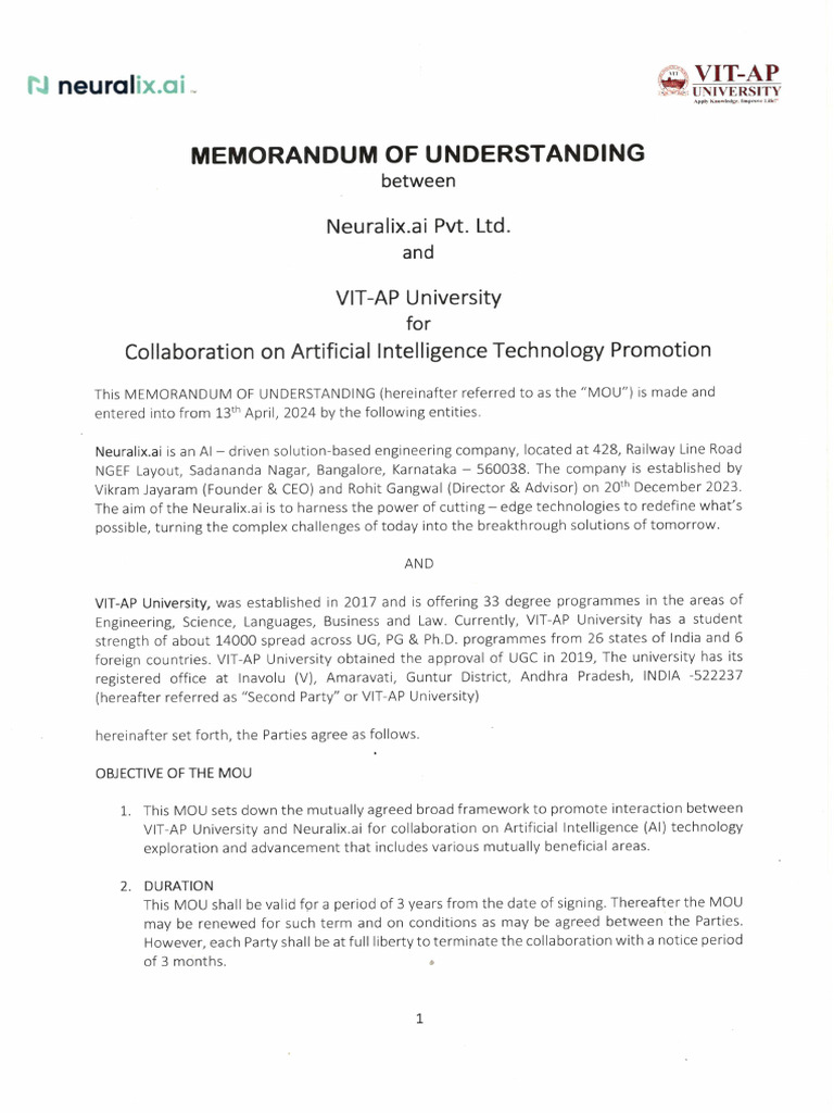 VIT-AP - Neuralix MoU | PDF