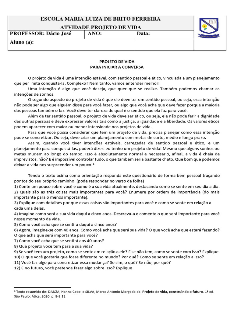 Atividade Projeto de Vida | PDF | Intenção | Vida