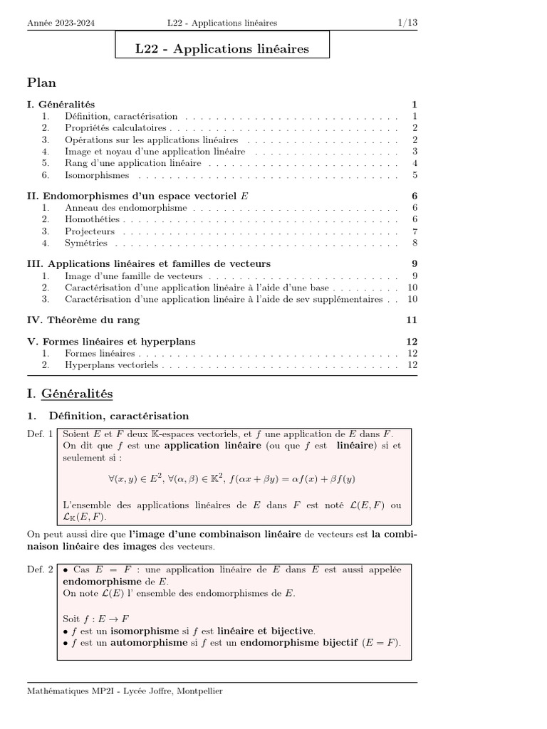 Définition des applications linéaires | PDF | Espace vectoriel ...