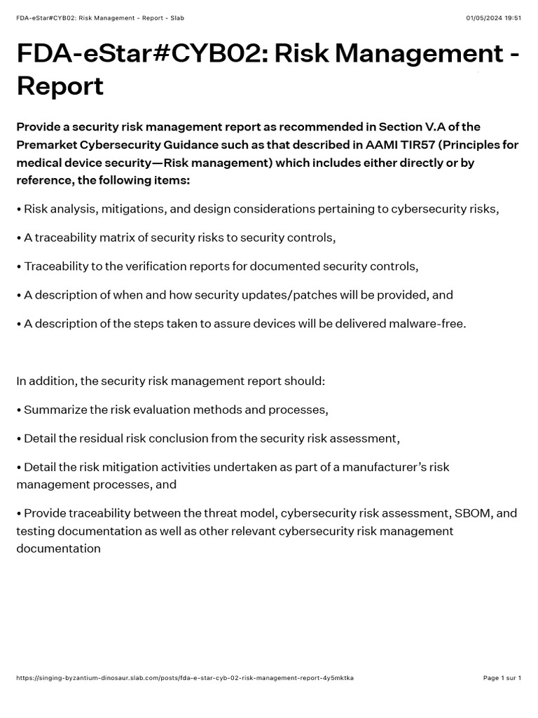 FDA eStar CYB02 Risk Management Report | PDF