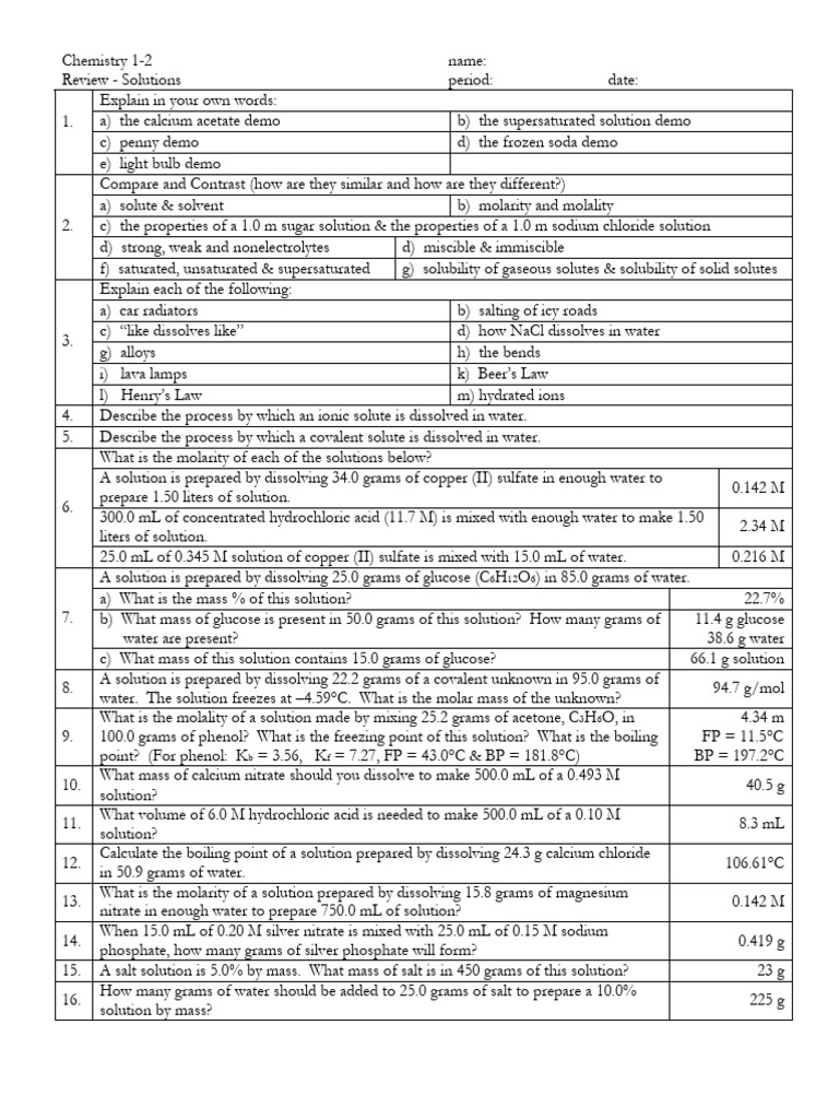 Chapter 12 Solutions Review Guide | PDF | Solubility | Chemistry