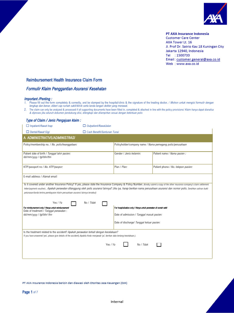 Formulir Klaim Asuransi Kesehatan AXA | PDF