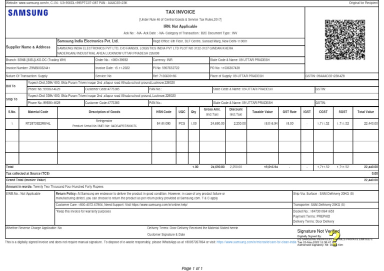 Samsung Invoice 11036307428-7136600186-Z9NBI0032441 | PDF | Payments ...