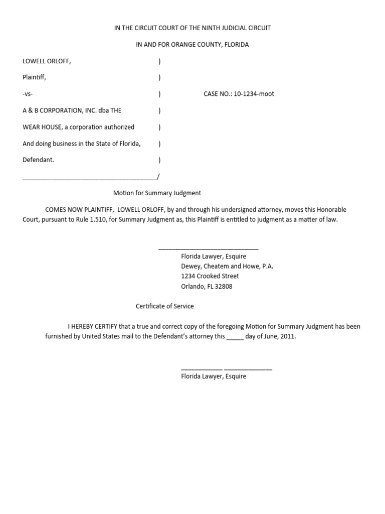 Summary Judgment Motion in Florida Court | PDF | Virginia Circuit Court ...