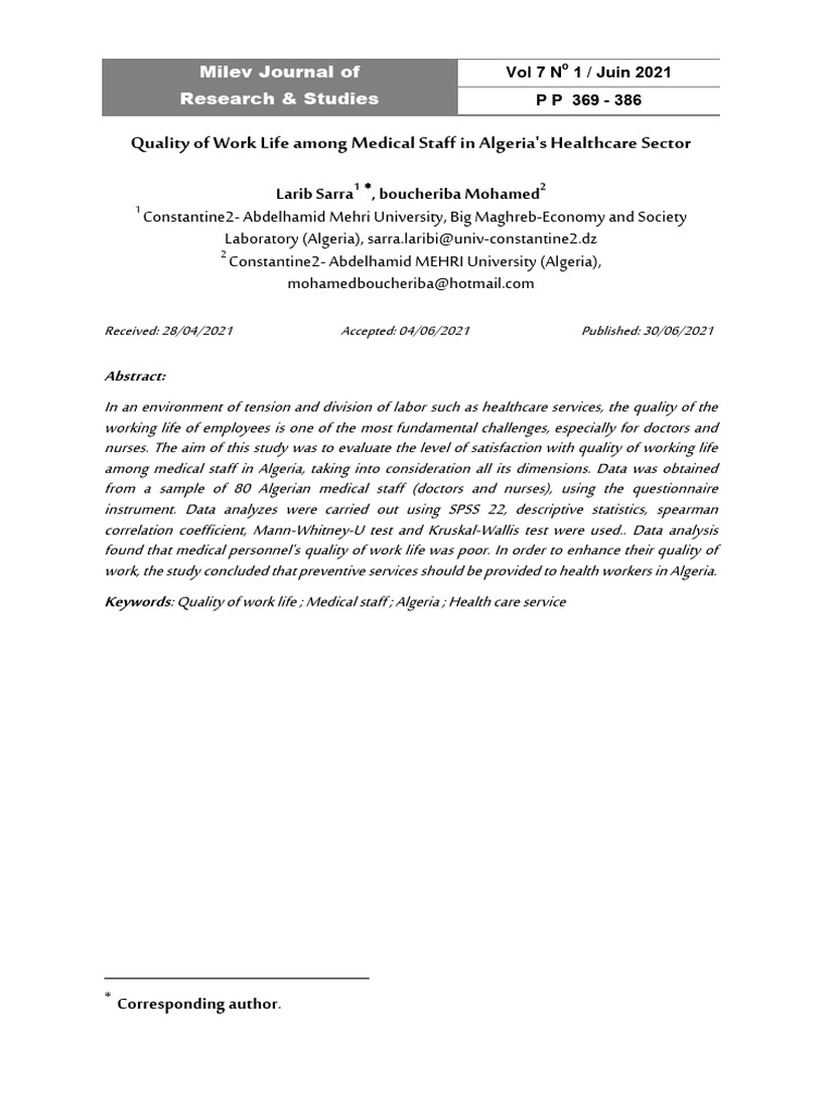02 Article Quality of Work Life Among Medical Staff in Algeria's ...