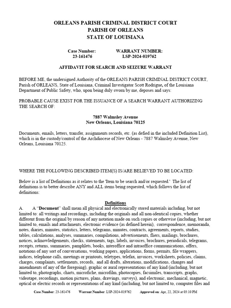 Orleans Parish Search Warrant Affidavit | PDF | Search Warrant | Child ...