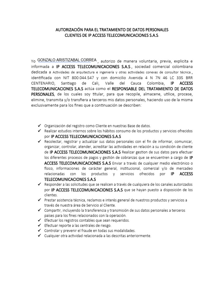 Autorización Datos IP Access Telecom | PDF | Telecomunicaciones ...