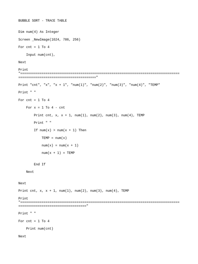 Bubble sort with trace table pdf