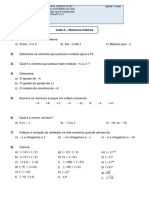 Lista 02 7º Ano Números Inteiros