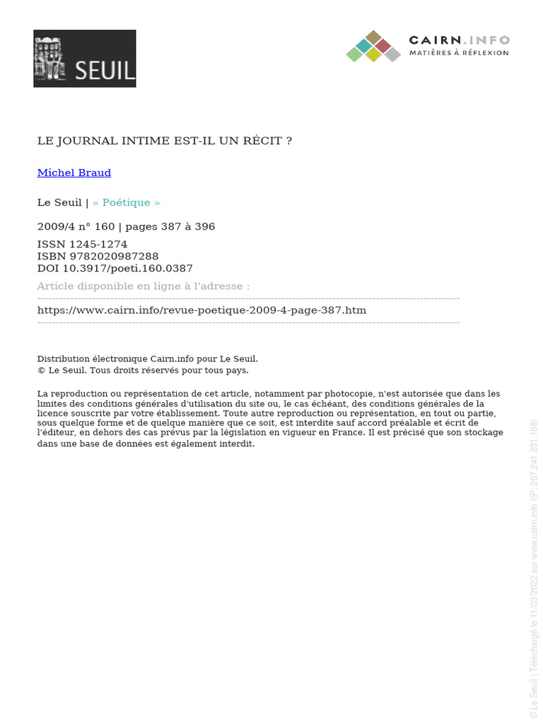 Le journal intime : récit ou chronique ? | PDF | Journal intime | Aristote