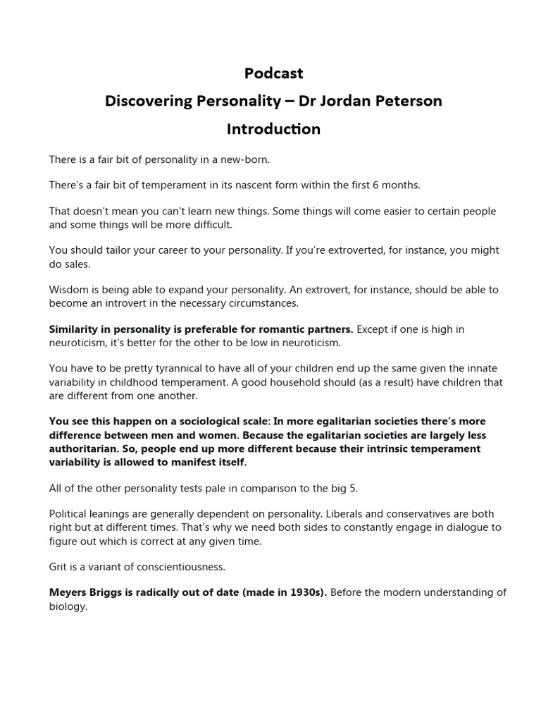 Personality Lecture Series Dr Jordan Peterson Pdf Extraversion