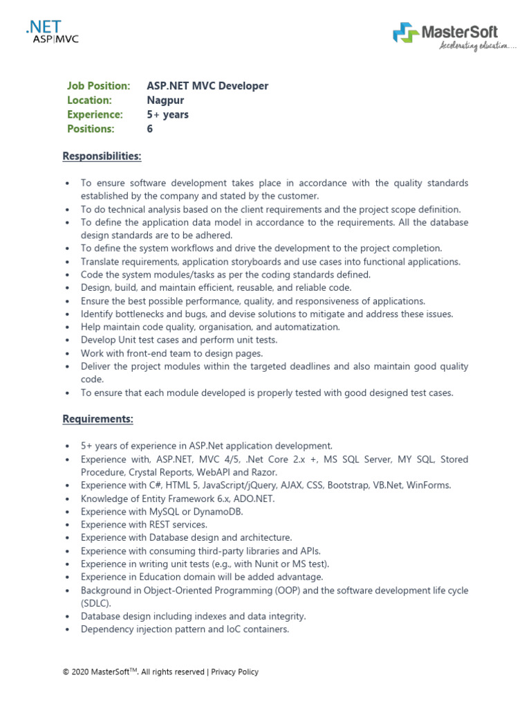 MVC 5+ Yrs Job Description V1 1608918944 | PDF | Software Development ...