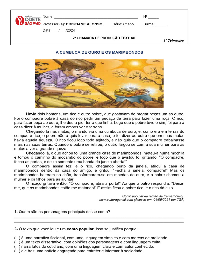 Conto Popular: A Cumbuca de Ouro | PDF | Contos | Narrativa