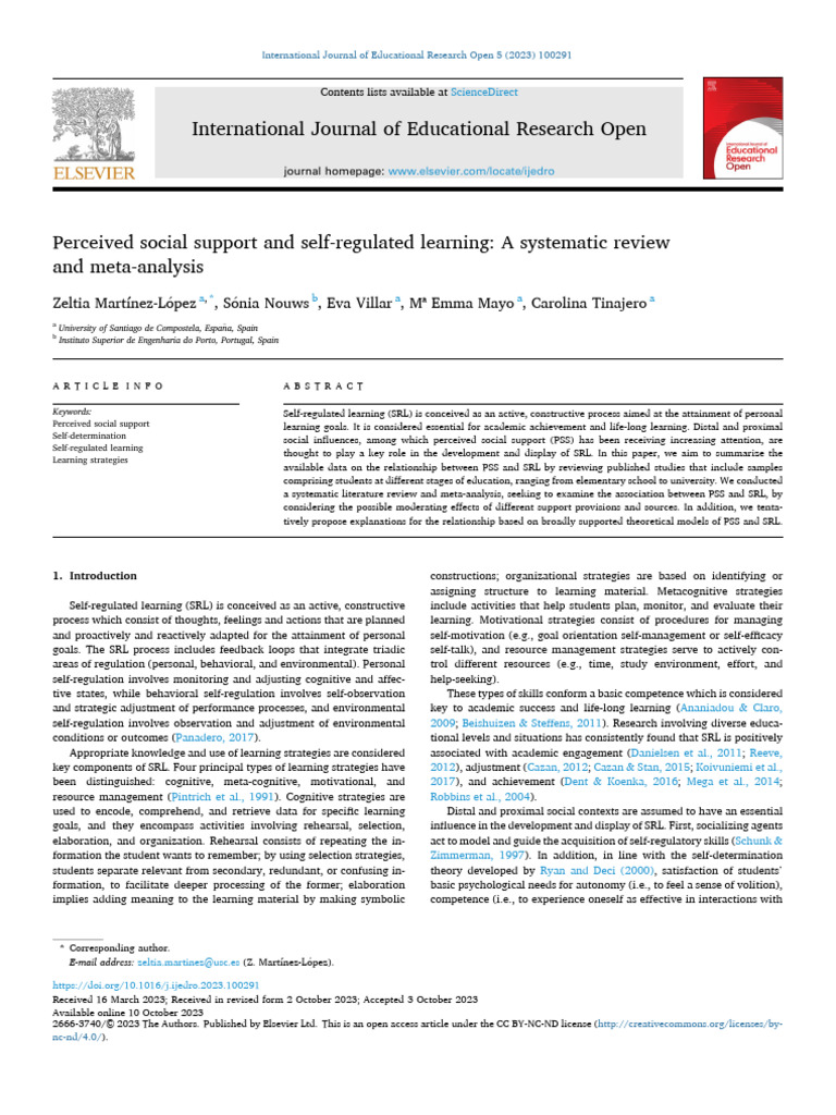 Social Support and Self-Regulated Learning | PDF | Metacognition ...