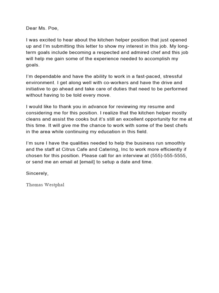 Kitchen Helper Cover Letter | PDF