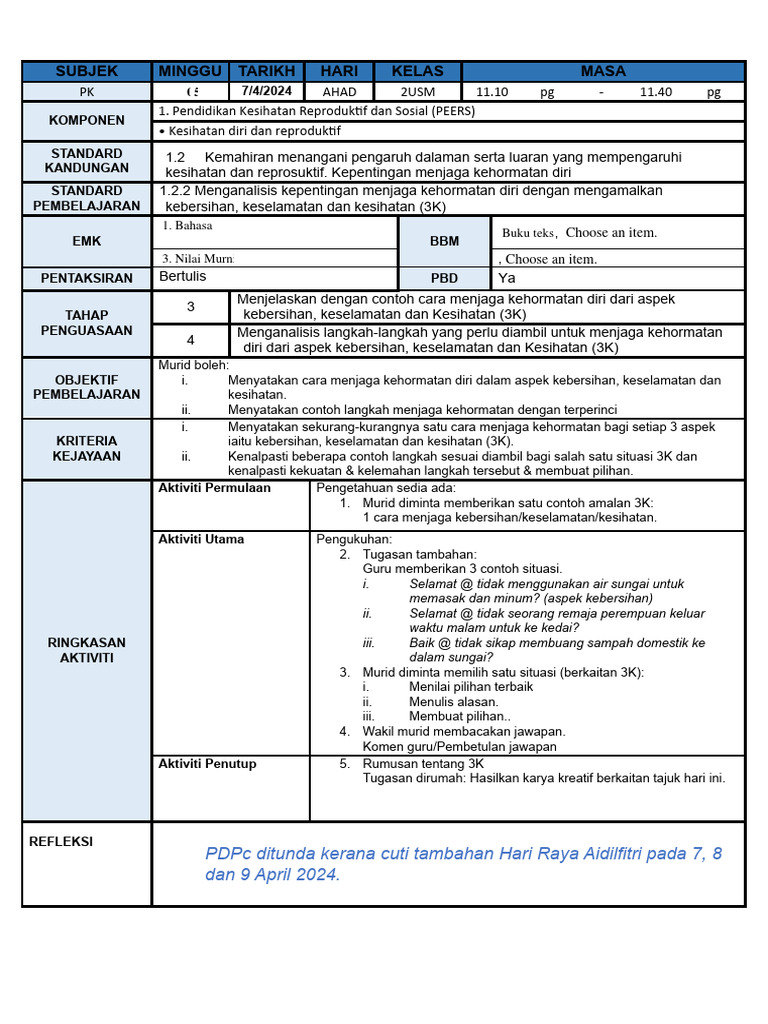 RPH 7 - 9 April 2024 Cuti Raya | PDF