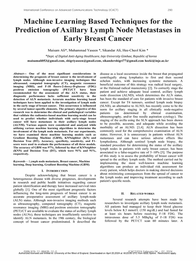 Machine Learning Based Techniques For The Prediction of Axillary Lymph ...