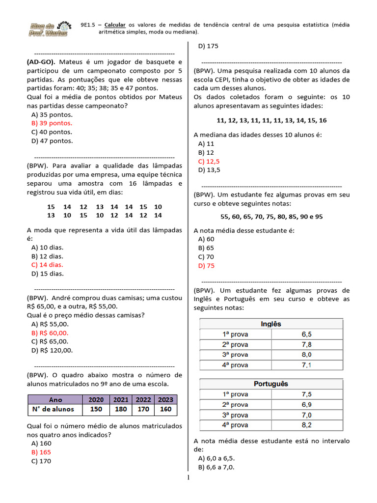 Exercícios de Média, Moda e Mediana | PDF | Média | Mediana (Estatística)